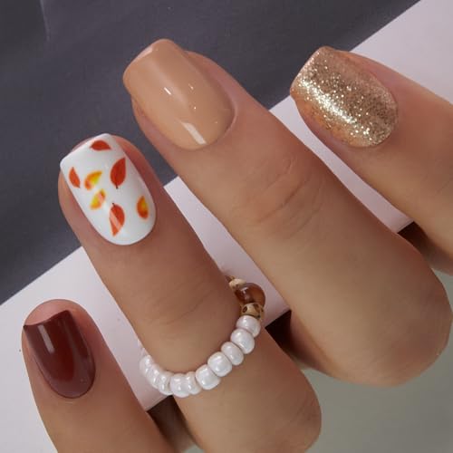 CurvLife Short Square Press On Nails, Autumn-Inspired Brown, Soft Gel - color: Autumn-Inspired Brown Nails with Glitter and Leaf Design
