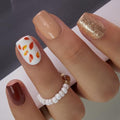 CurvLife Short Square Press On Nails, Autumn-Inspired Brown, Soft Gel - color: Autumn-Inspired Brown Nails with Glitter and Leaf Design