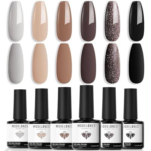 modelones Gel Nail Polish Set 6 Colors, Brown Nude Chocolate Glitter Black - color: A A1 Chocolate Cone
