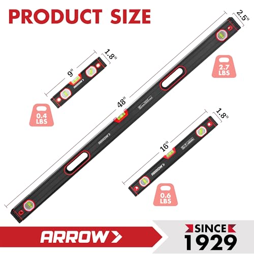 ARROW 3-Piece Spirit Level Set Included 9"/16"/48" Level with Carrying Bag - size: 3-Piece Set (9", 16", 48")