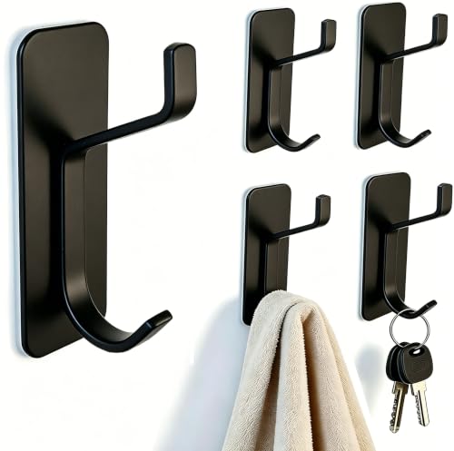 5Pcs Self Adhesive Stainless Wall Hook Key Hooks Sturdy Metal Hanger-Black - color: Black