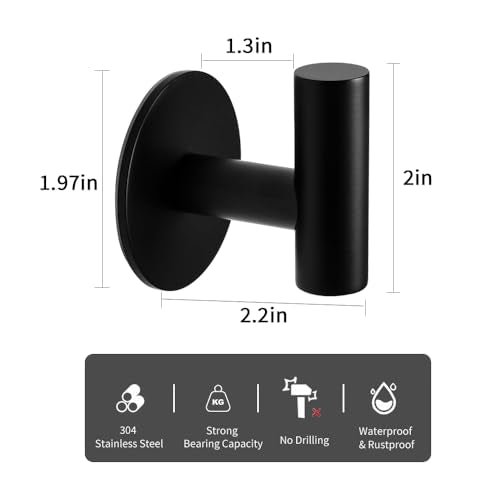 Vuzvuv Matte Black Self Adhesive Stainless Steel Towel Hook (2-Pack) | SUS304, Self-Adhesive, Heavy Duty, Waterproof, Coat Robe Clothes Wall Hook Holder for Bathroom Kitchen Office Hotel Pool - color: Black-2 Pcs