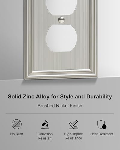 2-Pack Zinc Alloy Single Duplex Outlet Cover Plate, Solid Receptacle Cover - color: Brushed Nickel, size: 1 Duplex 2PK