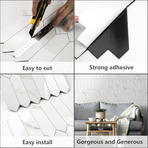 Vamos Tile Glossy White Marble Backsplash Tile Peel and Stick, 12.8 x 12.8 Inch 10 Sheets Long Hexagon PVC Self Adhesive Mosaic Wall Tiles Stick on Backsplash for Kitchen and Bathroom - color: Glossy White Marble