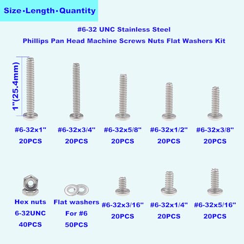 #6-32 UNC 304 Stainless Steel Phillips Pan Head Screw Nut Washer Kit - size: #6-32UNC