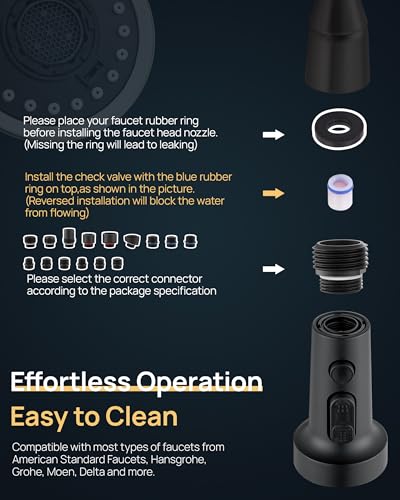 J-HVA Pull Down Kitchen Faucet Sprayer Head Replacement Part, Matte Black | 3 Function with 15 Adapters Pull Out Sink Sprayer Replacement Nozzle, Kitchen Faucet Head Hose Spray Tap Spout - color: Matte Black