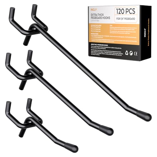 INCLY 120 Pack 2/4/6 Inch Black Pegboard Hooks, 1/4" Heavy Duty - color: Black, size: 2/4/6inch-120pcs