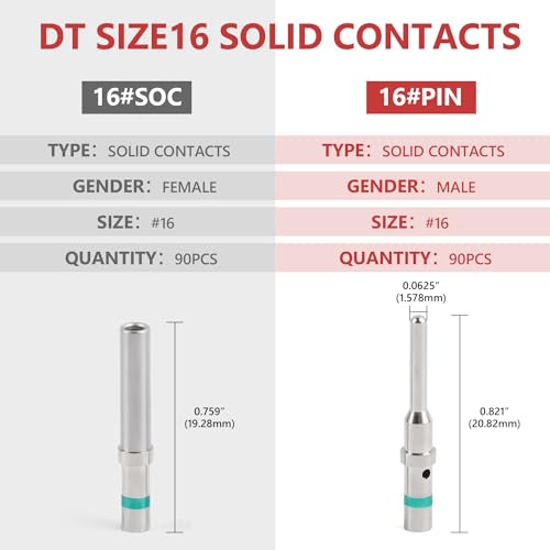 Newdeli Deutsch Pin Connector Kit 90 Pairs Deutsch Solid Pin and Socket DT Contact/Terminal, DT Connector Contact Size 16 Male Pin/Female Socket, Suit for Wire Size 14-20AWG - size: 90 Pairs - Size 16