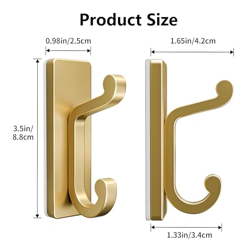 Gold Self Adhesive Wall Hooks for Coats - StainlessDouble Hook. - color: Gold, size: 6 Pack
