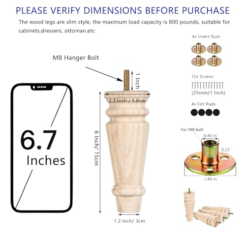 Maricome 6 Inch Bun Feet for Furniture Unfinished Wood Set of 4 Mid Century - color: 6 Inch Unfinished