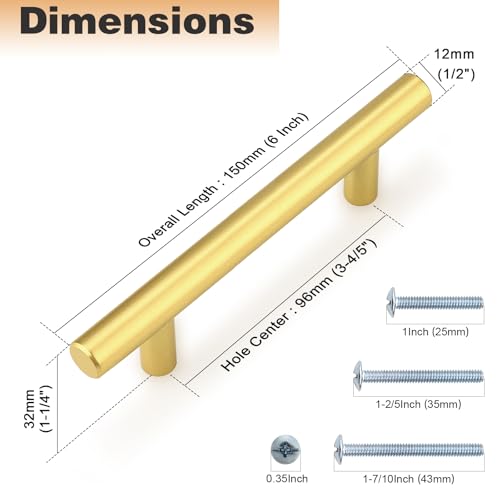 Probrico 30 Pack 3-3/4 Inch Center-to-Center Kitchen Cabinet Pulls T Bar Gold Cabinet Handles Modern Drawer Hardware Dresser Pulls, 6 Inch Total Length - color: Gold, size: hole center 3-3/4"