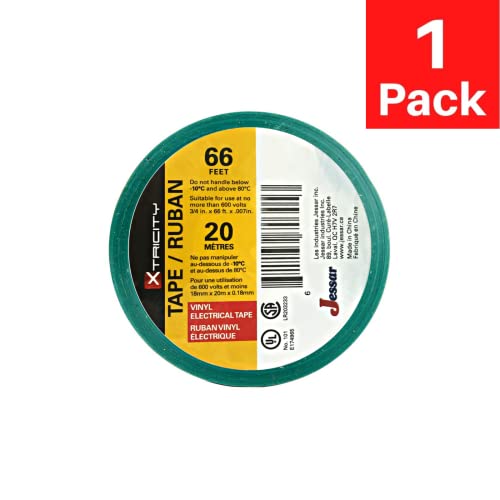 Xtricity Vinyl Green Electrical Tape 3/4 inch x 66 Ft for Electrical Insulation, Wire Bundling and DIY Repairs – Durable, Stretchy, General Purpose – Up to 600V (1 Pack) - color: Green, size: 1 Pack