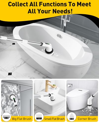 Electric Spin Scrubber for Bathroom, Shower Scrubber with Long Handle - color: White, size: 3 Brush Heads