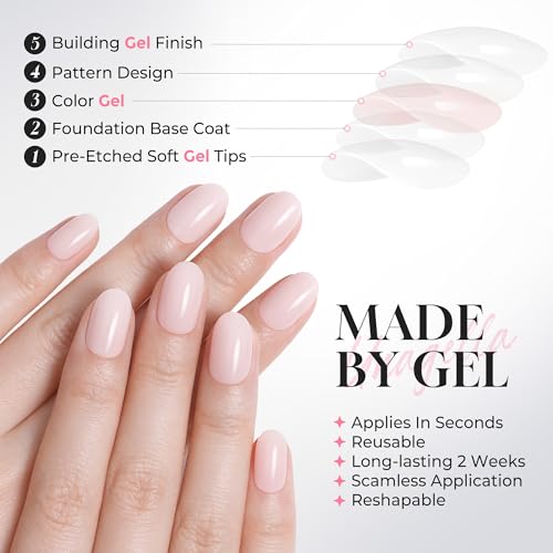 UNA GELLA 32Pcs Soft Gel Press on Nails - 16 Sizes Pastel Baby Pink Round Glue on Nails, Oval Reusable Glossy Natural Pink False Nails, Full Cover Acrylic Nail Kit for Women DIY Home Manicure