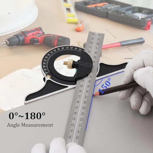 Combination Square Ruler Horizontal Square Multi-Function Carpentry Squares | 90 Degree Angle Rulers Protractor Level Measuring Set, Adjustable Sliding Woodworking Tools Inch/Metric(12"/30cm)