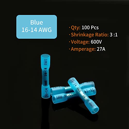 16-14 AWG Heat Shrink Butt Connectors - 100Pcs Blue Insulated Waterproof Electrical Marine Automotive Wire Splice Connector Crimp Wiring Terminals - size: AWG 16-14