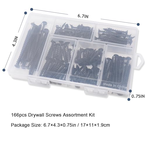 JEGONFRI Black Wood Screws Assortment Kit, 166 PCS, 6 Sizes, Drywall Screws - size: Kit