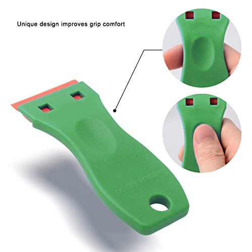FOSHIO 2PCS Green Plastic Razor Sticker Remover Paint Scrapers with Contoured Grip + 100 PCS 1.5 inch Refillable Double Edge Plastic Razor Blades for Cleaning Adhesive Vinyl Decals Stickers Labels - color: Green