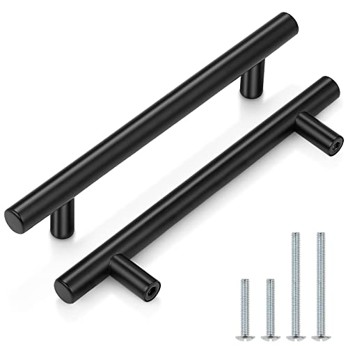 Probrico (5 Pack 5 Inch Hole Centers Flat Black Modern Cabinet Hardware Cupboard Pull Kitchen Cabinet T Bar Handle Dresser Pulls Stainless Steel Cabinet Hardware, 7-1/2 Total Length - color: Black, size: hole center 5"
