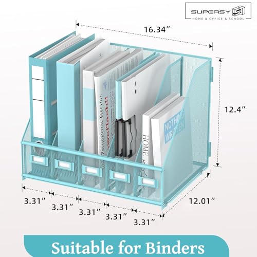 SUPEASY Desk Organizers Metal Desk Magazine File Holder with 5 Vertical Compartments Rack File Organizer for Office Desktop, Classroom, Home Workspace, Blue Plus - color: Blue, size: Large