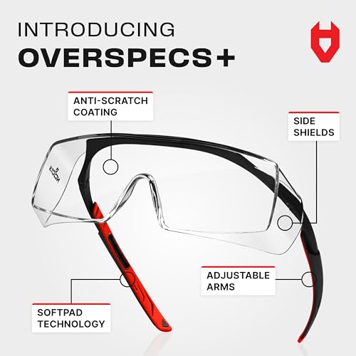NoCry Safety Glasses Over Eyeglasses for Men and Women with Anti Scratch Lenses and Integrated Side Shields — Adjustable Temples with Anti-Slip Tips — 100% UV Protective Eyewear — ANSI Z87 Certified - color: Black & Red
