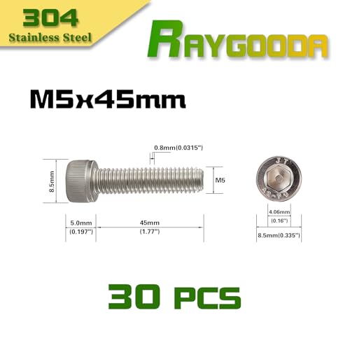 M5x0.8 x 45mm Socket Head Cap Screws Metric, 304 Stainless Steel (A2-70), Allen Socket Drive, Bright Finish, Full Thread, Rust & Corrosion Resistant, for Automotive, Machinery & DIY, 30 PCS - size: M5x45mm (30 PCS)
