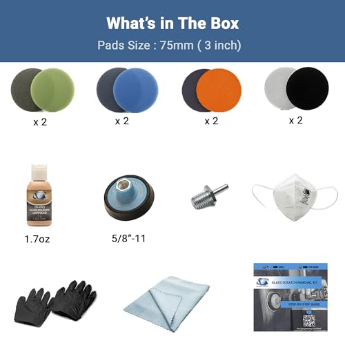 Glass Polish (3'') Glass Scratch Removal Kit for use with a Drill on All Glass Surfaces - size: 3 inch (6 Abrasives)