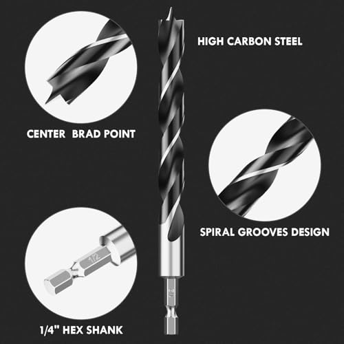 12Pcs (1/8" - 1/2") Hex Shank Brad Point Wood Drill Bit Set - size: Hex Shank (1/8"-1/2") - 12pcs