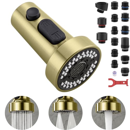 TIORIY Kitchen Faucet Head with 15 Adapters, High Pressure 3 Functions Pull Down Kitchen Spray Head Replacement, Pull Out Kitchen Sink Sprayer Nozzle, Brushed Gold, ABS - color: Brushed Gold, style: Blade Spray