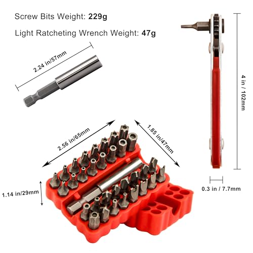 34pcs Security Bit Set 1/4 Inch Hex Shank Screwdriver Bit Set,Tamper Proof Bits-Torx+Hex+Tri Wing+Star+Spanner for Torx Security Screwdriver Set,High Hardness Impact Driver Bit Set (Red+LightRatchet) - color: Red+lightratchet