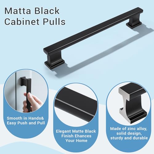 KNOBWELL 6 Pack Matte Black Solid Cabinet Pulls 6-3/10 Inch(160mm) Hole Center Kitchen Cabinet Handles,Cabinet Hardware for Cupboard Drawer Pulls - color: Matte Black, size: Hole Center：6-3/10 inch（160mm）