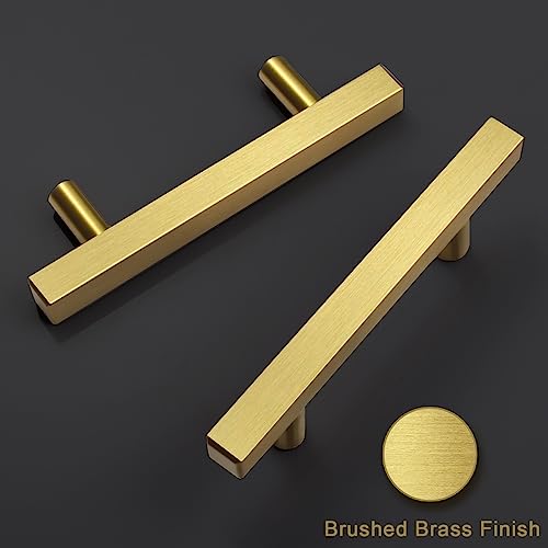 Estmoon 30 Pack Brushed Brass Cabinet Handles 3 Inch Gold Cabinet Pulls Modern Square Drawer Pulls Brass Gold Dresser Pulls Hardware Kitchen Handles for Cabinets and Drawers, 5" Total Length - color: Brushed Brass