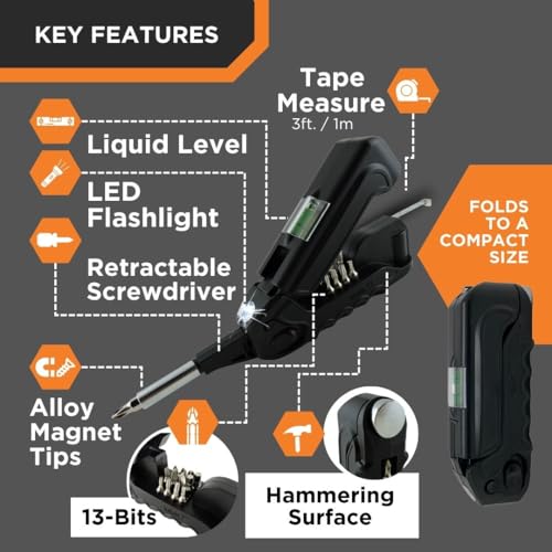 Kelvin Tools - Kelvin 17 Urban Screwdriver Set, All in One Everyday Multitool Screwdriver, Multi-Tip, Compact & Universal Precision, 13 Bit Set with Tape Measure, Liquid Level, Hammer and Flashlight - color: Red