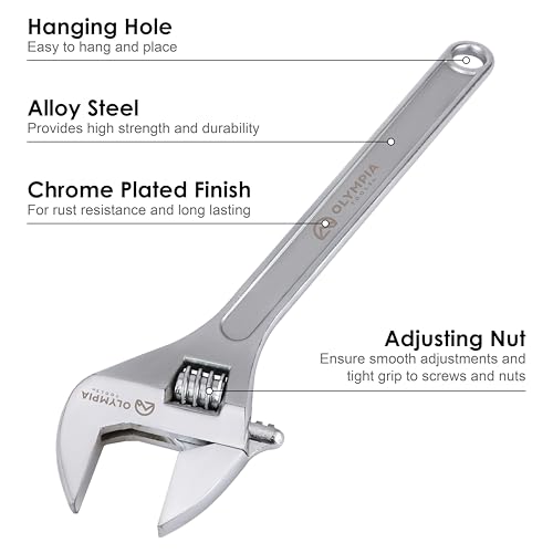 Olympia Tools 24" Adjustable Wrench, Heavy Duty Drop Forged Steel, Chrome Plated, Precision Machined Jaws, Rust Resistant - size: 24-Inch