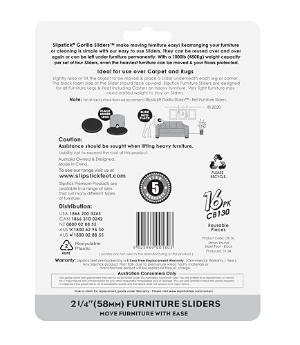 Slipstick GorillaSliders 2-1/4 Inch Round Furniture Sliders for Carpet & Rugs (16 Pack) Premium Reusable Furniture Movers for Sliding Furniture Easily, Plastic Slider Feet Coasters - size: 2-1/4" Round (For Carpet & Rugs)