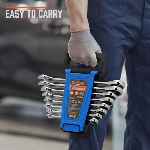 HORUSDY Combination Ratchet Wrenches Set with SAE | 8 Pieces Wrench Set with Wrench Organizer | 72-Tooth | 5° Swing Arc | 1/4" - 11/16" | Chrome Vanadium Steel - style: 8-Piece