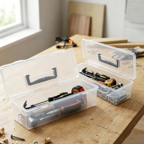 Hardware Organizer Box, 2 Pack Small Parts Tool Case for Garage | Frosted translucent plastic, garage workshop, hardware storage, screws and tools, secure latch, carry handle, 2 sizes