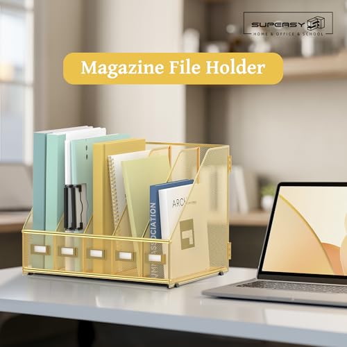 SUPEASY Desk Organizers Metal Desk Magazine File Holder with 5 Vertical Compartments Rack File Organizer for Office Desktop, Classroom, Home Workspace, Gold - color: Gold, size: Small