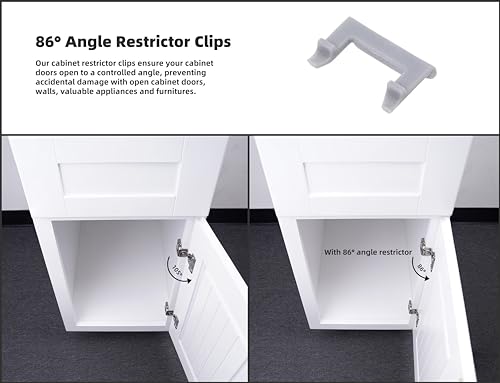 (Decobasics ONLY) Cabinet Restrictor Clips (50 Pack)- 86° Degree Angle Cabinet Door Hinge Restrictor Clip for Soft Close Hinge-90° Opening Kitchen Soft Close Cabinet Hinges Restraints Restriction Clip - size: 86° Degree