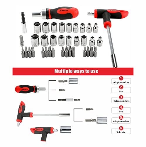 38-Piece Ratcheting Screwdriver Sets nut Driver Set Magnetic Torx Slotted Phillips Square Muti Screwdriver Bits Sockets Set T-Handle Rachet Tools Set Basic Tool Kit for Home Repair Dorm Mechanics - size: 38PCS