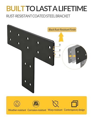 6 Pcs Ultra-Thick T Post Bracket, 12" x 8" Extreme Weatherproof Flat Mending Plate, Heavy Duty Structural Connector for 4x4 6x6 Lumber, Outdoor Pergola, Cabin & Deck Timber Framing - size: 6 Pack, style: Heavy-Duty T-Bracket