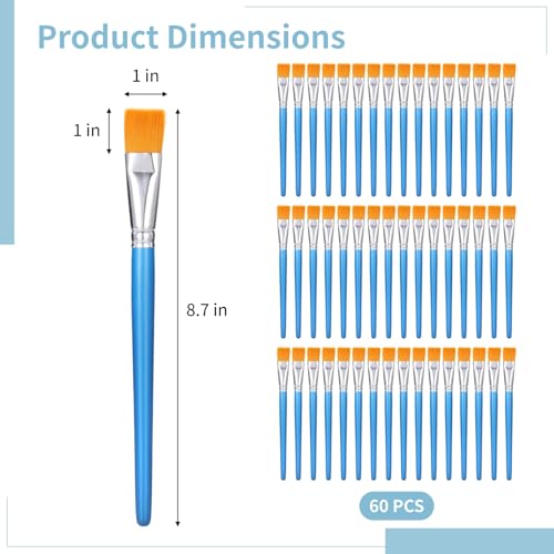 60 PCS 1 inch Flat Paint Brushes for Acrylic Painting - Watercolor Nylon Brushes, Bulk Paintbrushes with Comfortable Wooden Handle, Large Paint Brush for Painting, DIY Projects, Art Classes, Face Art
