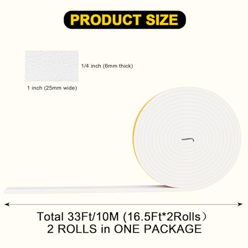 Strong Adhesive Foam Seal Strip, Multi-Gap Sealing, Cut Energy Bills - color: White, size: 1 In x 1/4 In x 33Ft