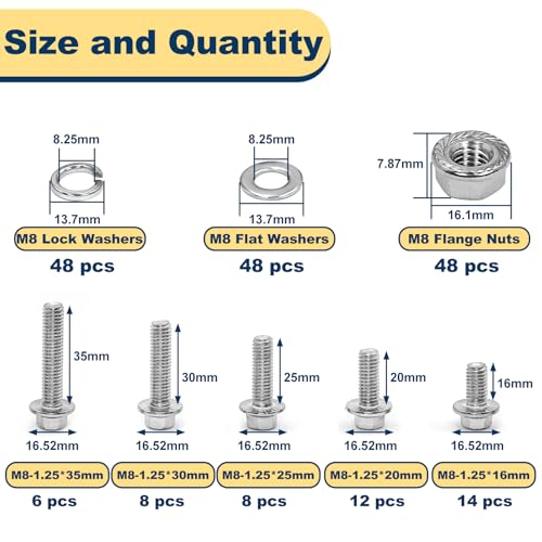M8-1.25 Flange Bolt & Nut (16/20/25/30/35mm) Kit Stainless 192Pcs - size: SS Metric M8