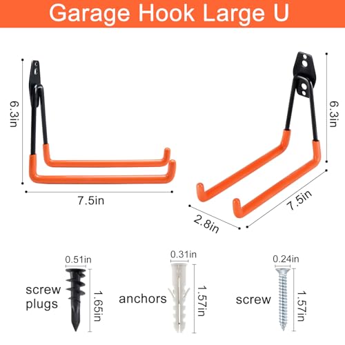 Aoben Heavy Duty Steel Garage Storage Hooks - Utility Tool Hangers and Combinable Wall Mount Hooks for Organizing Ladder, Hold Chairs, Heavy Tools (Large U, 10 Pack) - size: 10 X Large U hooks