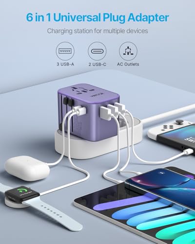VINTAR Universal Travel Adapter 35.5W, 6-in-1 with 3 USB-A QC & 2 USB-C PD - color: 35.5W Purple