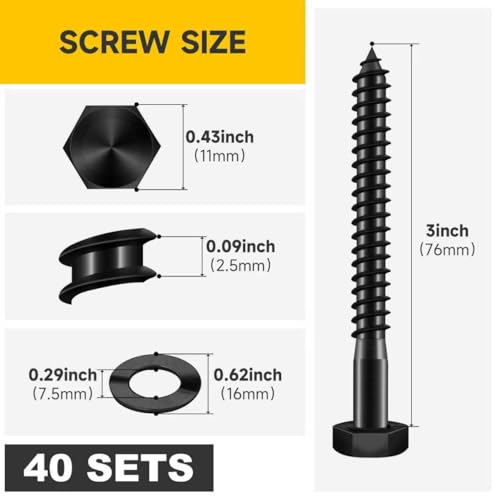 (40Sets) 1/4" x 3" Hex Head Lag Bolts, Heavy Duty Lag Screws with Washers, 304 Stainless Steel Bolts 18-8, Lag Screws Wood Screws, Partial Thread Black Oxide, 1/4 Bolt by Mywish - size: 1/4 x 3" (40 set)