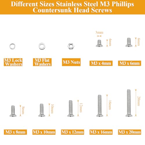 565 Pieces M3 Machine Screws Nuts Washers Set, Sutemribor M3 x 4/6/8/10/12/16/20mm Phillips Countersunk Head Machine Screws Nuts Washers Assortment Kit, 304 Stainless Steel, Fully Threaded - size: M3, style: Phillips Countersunk Head