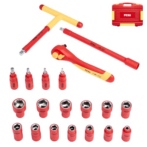 FESA Electrician Insulated Socket Set - 1000V 20-Piece Professional Insulated Ratchet & Socket Wrench Set (3/8" Drive) w/T-Handle, Extension & 4 Hex Bits - 1000 Volt Tools for Electricians - style: 3/8" Drive (Storage Case)