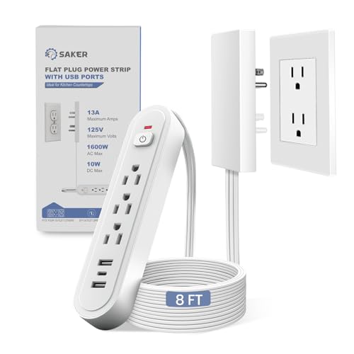 Saker 8ft Surge Protector, 3 Outlets, 3 USB, Flat Plug, White - style: 8ft Surge Protector with USB Ports